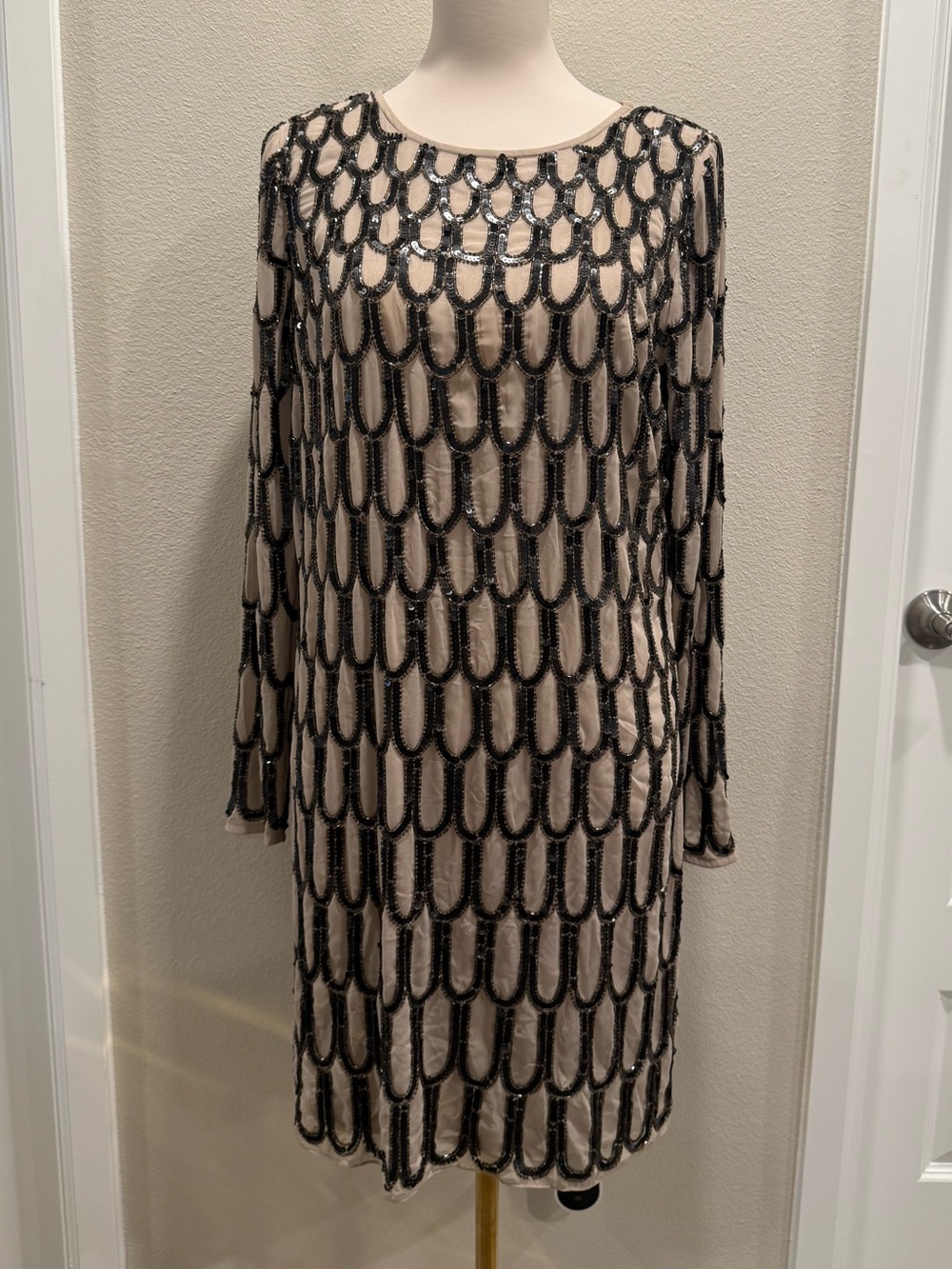 Beaded Black Overlay Long Sleeve Dress Nude Lining New